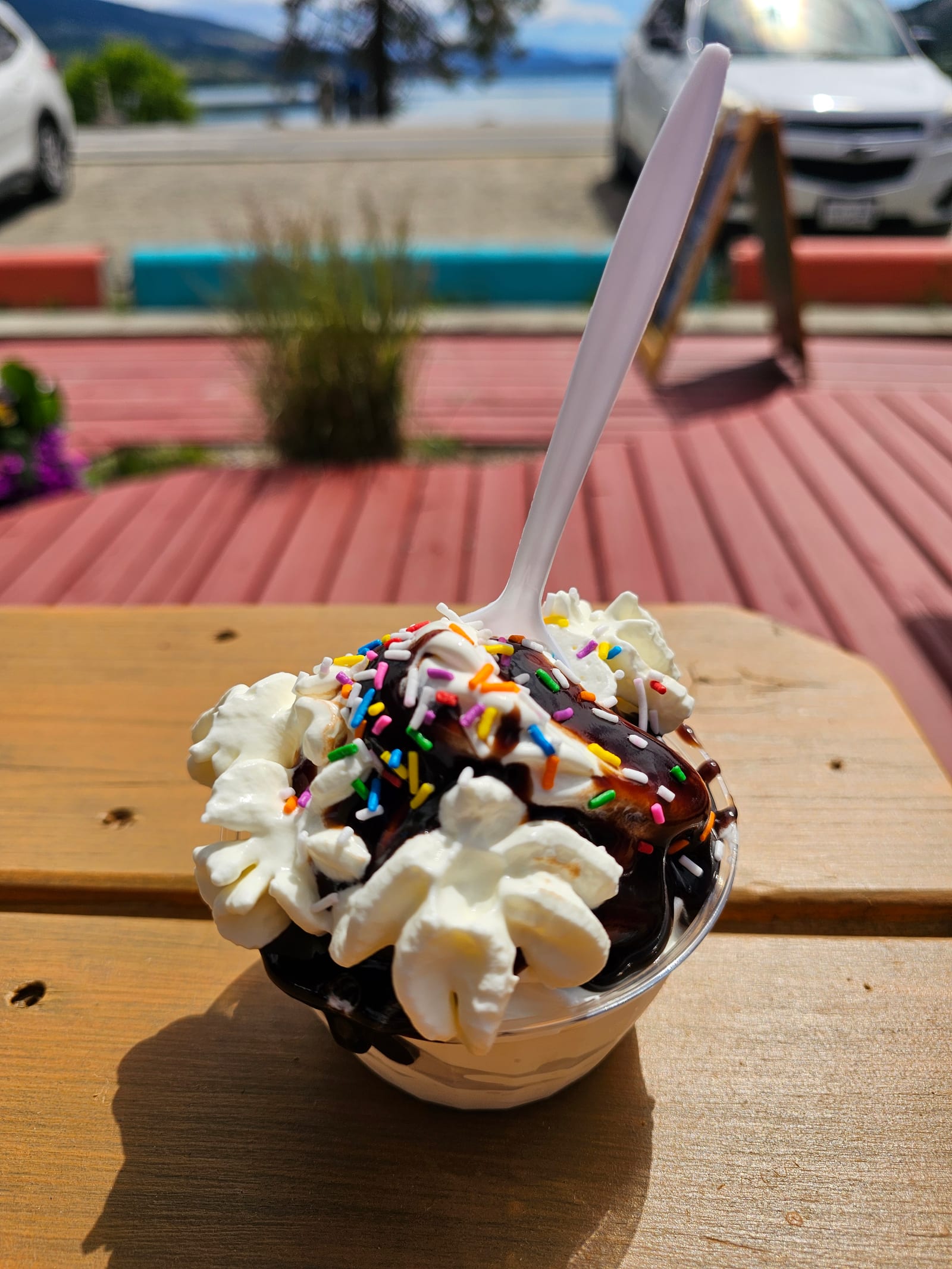 Chocolate sundae with whipped cream and rainbow sprinkles on the lakeside patio at Lu Lou's in Oyama, BC