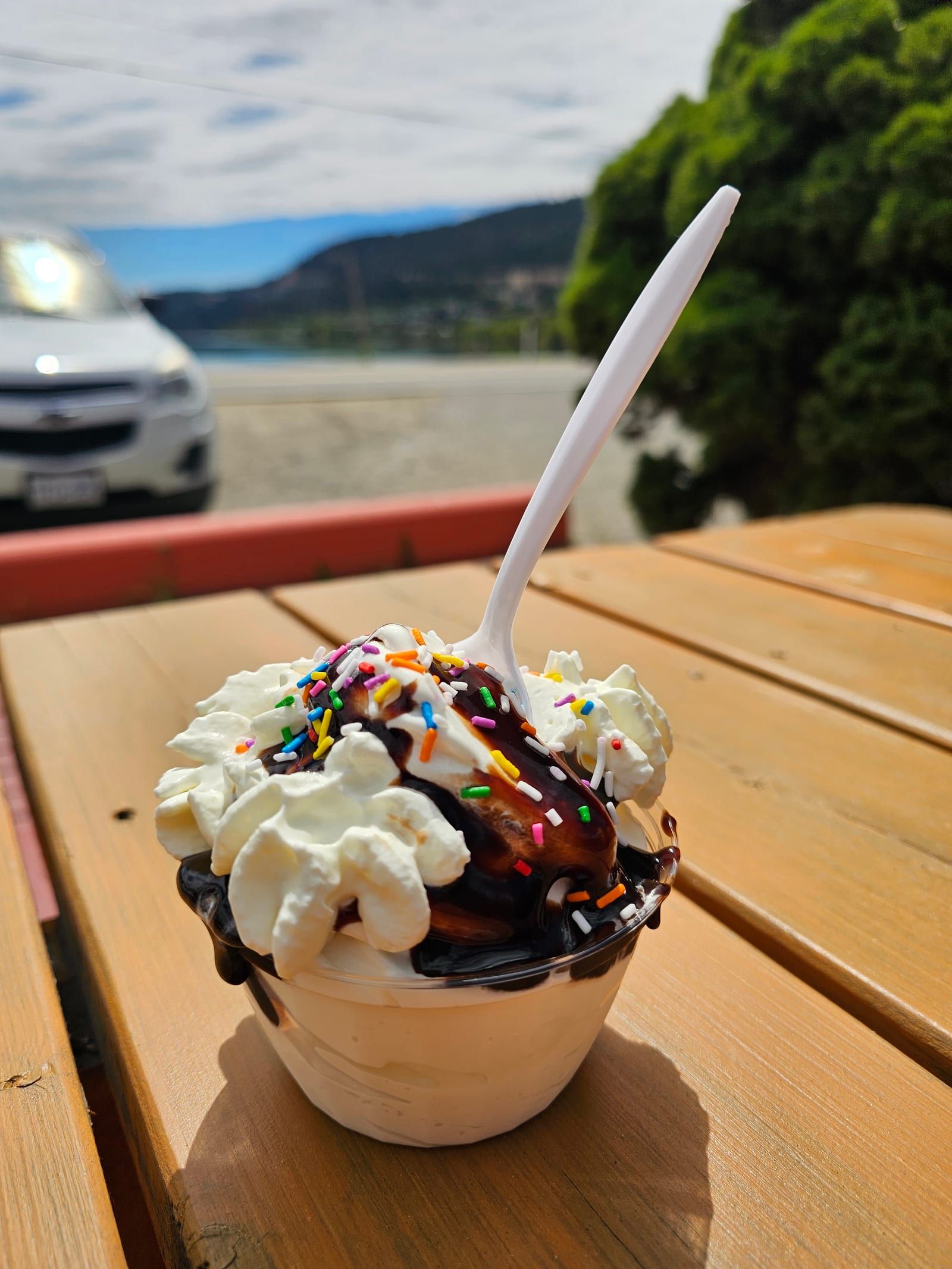 A chocolate sundae with whipped cream and sprinkles on the lakeside patio
